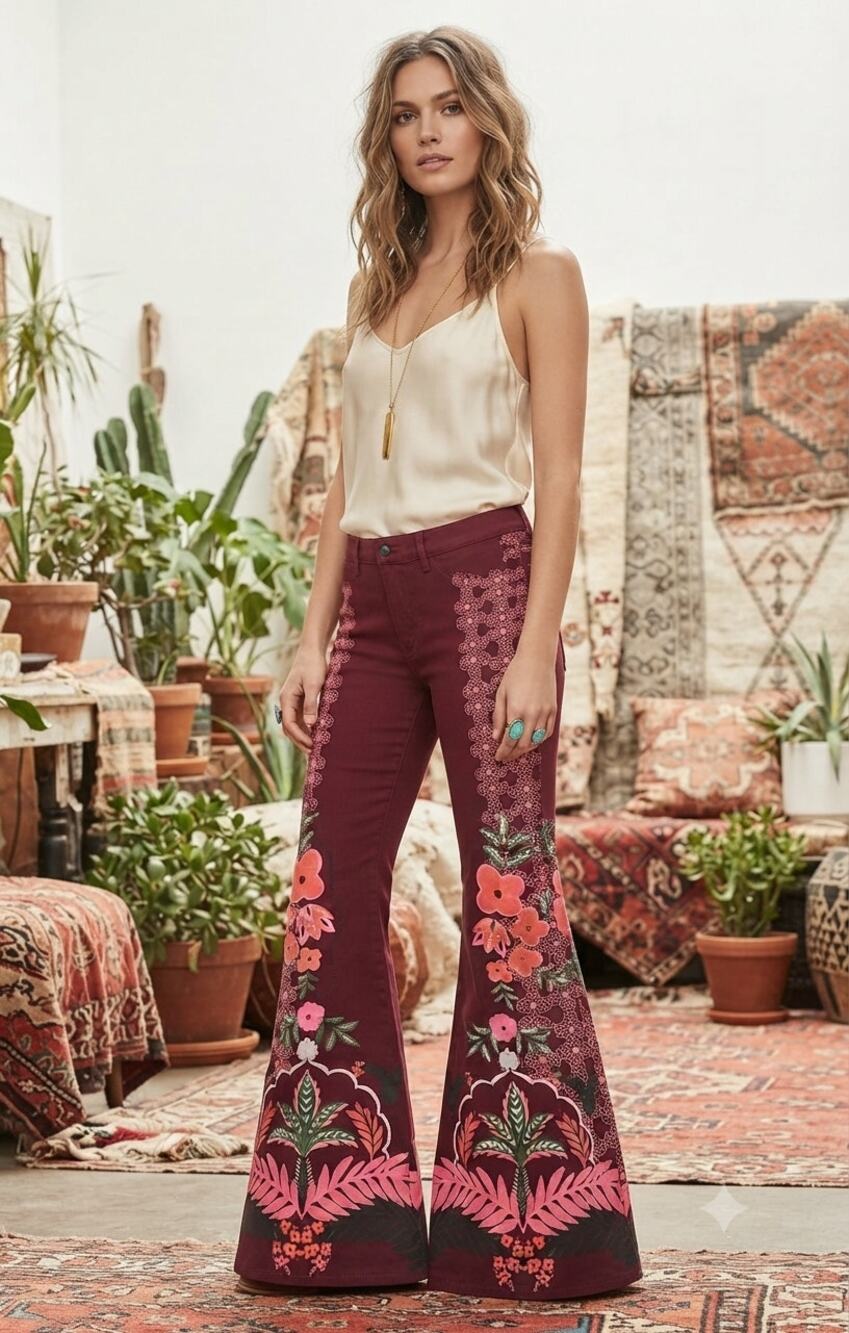 Johnny Was Jade Caleta The Straight Flare Jean Red Floral Feminine Boho, size 27
